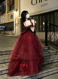 Sexy Ball Gown Strapless Burgundy Tulle Birthday Dresses Night Party Dress, HZ0307