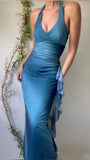 Sexy Blue Party Dresses Halter V-neck Ruffle Chiffon Prom HZ0307