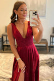 Sexy Burgundy A-Line Prom Dresses V-Neck Backless Evening Gown, HZ0307