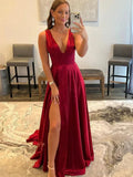 Sexy Burgundy A-Line Prom Dresses V-Neck Backless Evening Gown, HZ0307