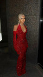 Sexy Halter Sequin Red Prom Dress Long Mermaid Party Dresses, HZ0307