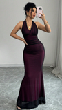 Sexy Halter V-Neck Mermaid Prom Dress Black Chiffon Purple Evening Party HZ0307