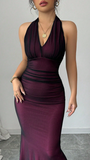 Sexy Halter V-Neck Mermaid Prom Dress Black Chiffon Purple Evening Party HZ0307