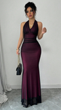 Sexy Halter V-Neck Mermaid Prom Dress Black Chiffon Purple Evening Party HZ0307