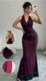 Sexy Halter V-Neck Mermaid Prom Dress Black Chiffon Purple Evening Party HZ0307