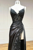Sexy Mermaid Spaghetti Strap Sleeveless Long Split Prom Dress with Embroidered , HZ0307