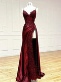 Sexy Mermaid Spaghetti Strap Sleeveless Long Split Prom Dress with Embroidered , HZ0307