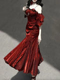 Sexy Mermaid Spaghetti Straps Burgundy Long Prom Dresses Christmas Night Dress Birthday Outfits , HZ0307