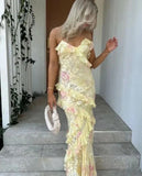 Sexy Mermaid Spaghetti Straps Floor Length Floral Yellow Chiffon Evening Dress Prom Dresses, HZ0307