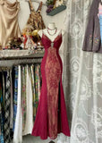 Sexy Mermaid Spaghetti Straps Red Lace Prom Dresses Long Party Dress, HZ0307