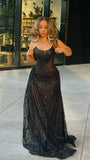 Sexy Mermaid Spaghetti Straps Sequin Slit Black Long Prom Dresses Party Dress , HZ0307