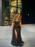 Sexy Mermaid Spaghetti Straps Sequin Slit Black Long Prom Dresses Party Dress , HZ0307