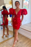Sexy Red V-neck Homecoming Dresses Mini Celebrity Dress, HZ0307