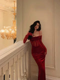 Sexy Sheath Spaghetti Straps Lace Red Velvet Long Prom Dresses Birthday Outfits With Gloves , HZ0307