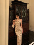 Sexy Sheath Straps Halter Floral Satin Prom Dresses Birthday Outfits Evening Gown, HZ0307