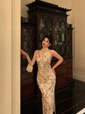 Sexy Sheath Straps Halter Floral Satin Prom Dresses Birthday Outfits Evening Gown, HZ0307
