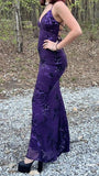 Sexy V Neck Purple Satin Sequin Backless Mermaid Evening Dress Long Party HZ0307