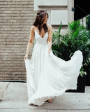 Sexy White V-neck Chiffon Wedding Dresses A-Line Beach Wedding HZ0307