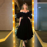 Velvet A-Line Black Homecoming Dresses, Off The Shoulder Graduation Dresses With Bubble HZ0307