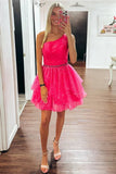 Shiny One Shoulder A-Line Homecoming Dresses, Short Beads Party Dress, HZ0307
