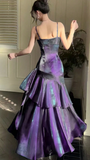 Shiny Purple Ruffle Prom Dresses Spaghetti Straps Dance Party HZ0307