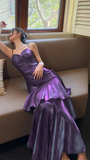 Shiny Purple Ruffle Prom Dresses Spaghetti Straps Dance Party HZ0307