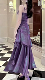 Shiny Purple Ruffle Prom Dresses Spaghetti Straps Dance Party HZ0307