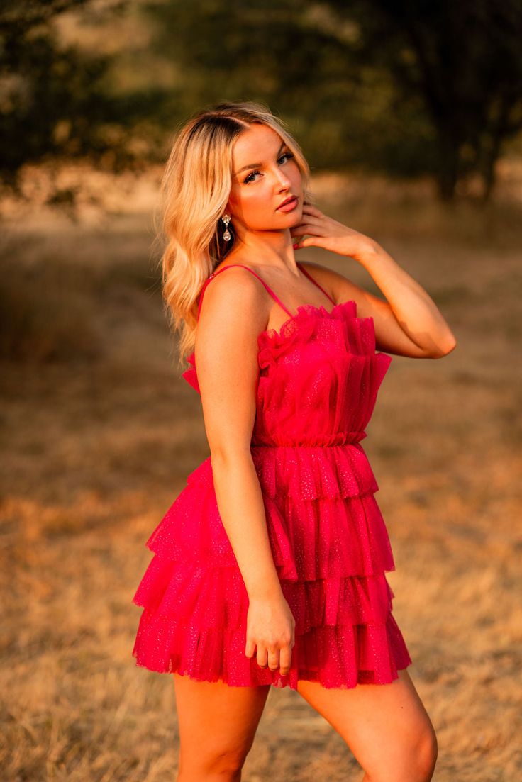 Shiny Fuchsia Ruffle Short Dress Sequins Tulle Hoco Dress, HZ0307