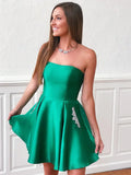 LTP1392,Green strapless beaded pockets satin short prom evening HZ0307