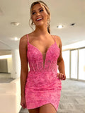 Pink Applique Bodycon V-Neck Homecoming HZ0307