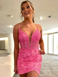Pink Applique Bodycon V-Neck Homecoming HZ0307