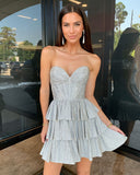 Silver Beaded Ruffle Homecoming Dresses Sweetheart Dance Dresses, HZ0307