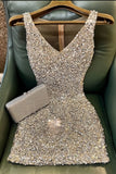 Silver Bodycon Homecoming Dresses V-Neck Mini Party HZ0307