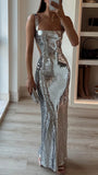 Silver Bodycon Sequin Long Prom Dresses, Sleeveless Evening Gown, HZ0307