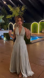 Silver V-Neck Halter Prom Dresses Sleeveless Pleated Bridesmaid Party HZ0307