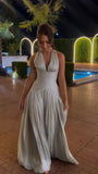 Silver V-Neck Halter Prom Dresses Sleeveless Pleated Bridesmaid Party HZ0307