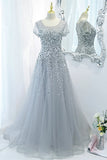 Silver Sequins A-line Long Formal Dress with Cap HZ0307