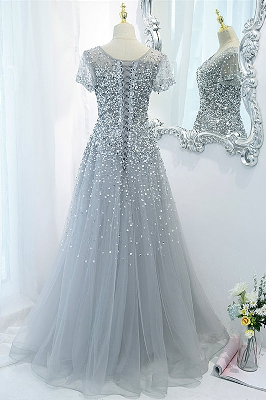 Silver Sequins A-line Long Formal Dress with Cap HZ0307