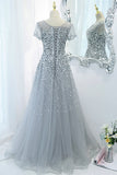 Silver Sequins A-line Long Formal Dress with Cap HZ0307