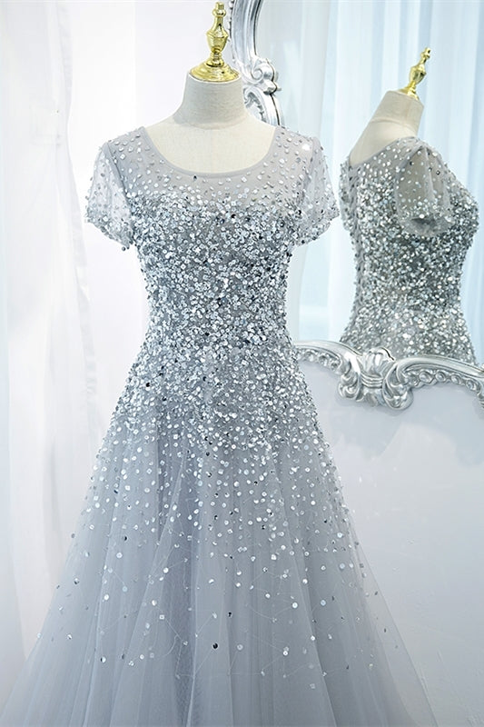 Silver Sequins A-line Long Formal Dress with Cap HZ0307