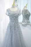 Silver Sequins A-line Long Formal Dress with Cap HZ0307