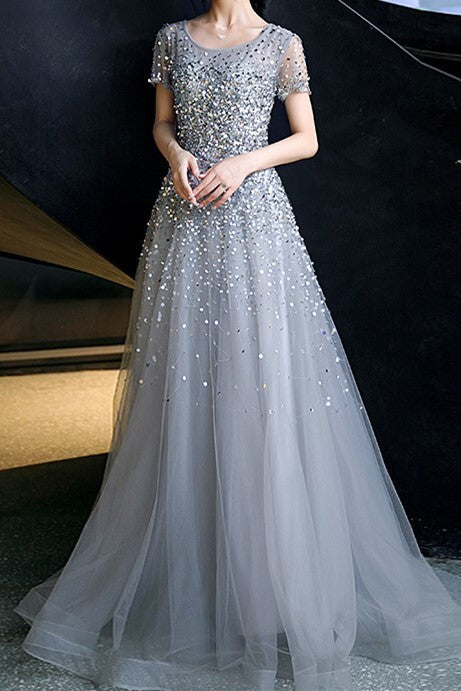 Silver Sequins A-line Long Formal Dress with Cap HZ0307