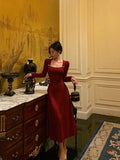 Simple A line Square Neckline Long Sleeves Red Prom Dresses Birthday, HZ0307