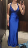 Simple Halter Mermaid Long Prom Dresses Satin V-Neck Evening Party HZ0307