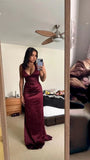 Simple Halter Mermaid Long Prom Dresses Satin V-Neck Evening Party HZ0307