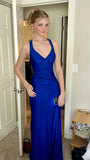 Simple Halter Mermaid Long Prom Dresses Satin V-Neck Evening Party HZ0307