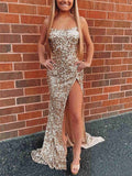 Spaghetti Straps Gold Sequin Long Prom Dress With High Side HZ0307