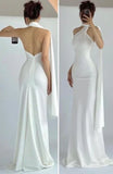 Simple Mermaid High Neckline White Party Dress Long Prom Dresses, HZ0307