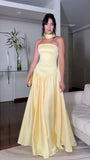 Simple Prom Dresses Pastel Yellow Satin Evening Formal HZ0307