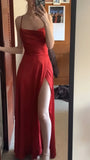 Simple Red Satin Long Party Dresses Slit Senior Prom HZ0307